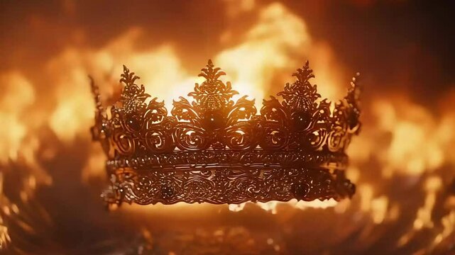 ornate royal crown floating above fire flames with dramatic lighting footage