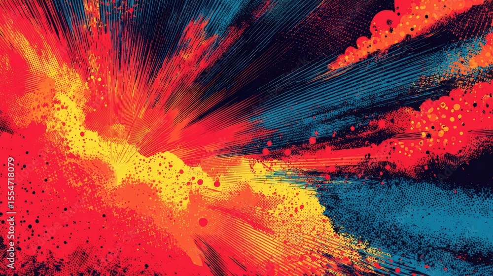 Poster abstract explosion of vibrant red, orange, yellow, and blue colors creating a dynamic and energetic 