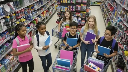 Group of children shopping for school supplies in a colorful store aisle filled with stationery items