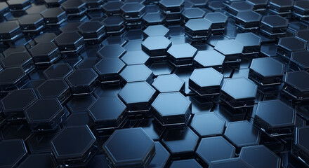 Fototapeta premium Abstract Blue Hexagon Grid Futuristic Metallic Background, 3D Render, Geometric Pattern.