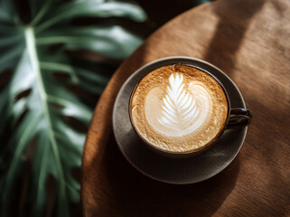 Cappuccino with Latte Art in Ceramic Mug, Top View Cafe Scene