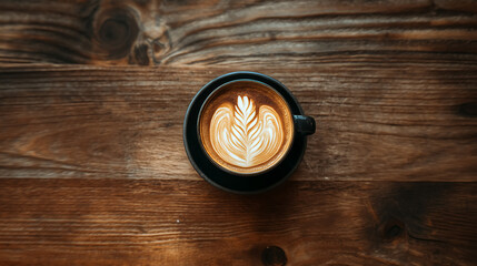 Cappuccino Coffee with Latte Art in Black Mug on Solid Wooden Table