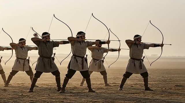 Group of archers practicing in a dusty field at sunset, showcasing traditional skills and teamwork