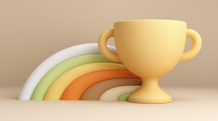 Celebrating success connection with a trophy against a soft background visual content in minimalist environment