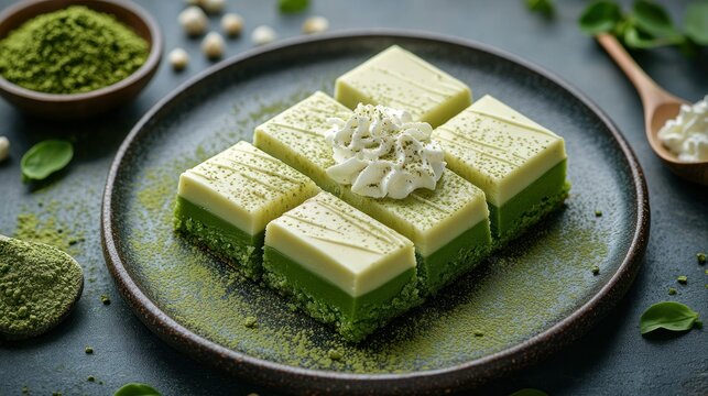 Matcha white chocolate layered bars, garnished with whipped cream