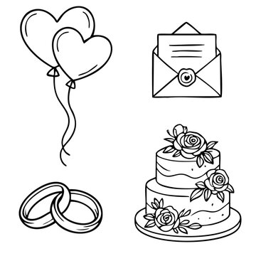 Hochzeit Vektorset - Ringe, Ballons, Torte & Einladung