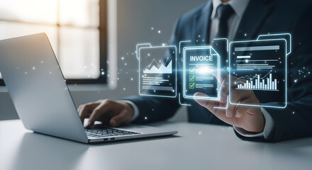 Businessman working on laptop with holographic invoice and financial charts, showcasing modern accounting and data analysis in office environment.
