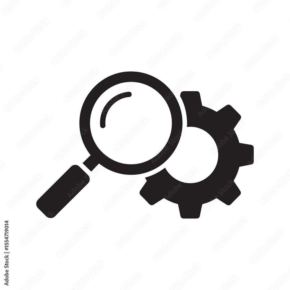 Poster technical analysis icon with magnifying glass over gear for process optimization and quality control