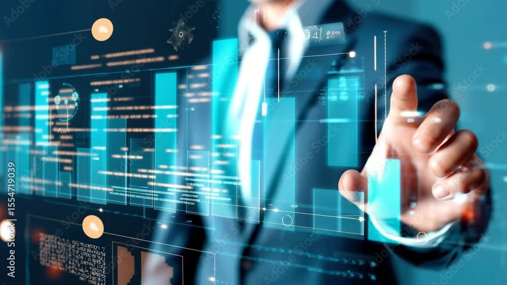 Poster businessman suit digital touchscreen data analytics futuristic technology finance graph confidently 