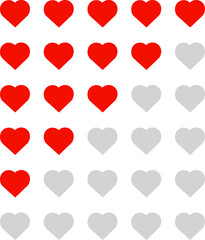 Hearts rating scale. A scale of a customer review with a heart rating. Vector illustration with transparent background.