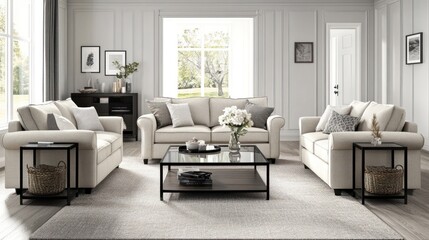 Light beige living room set with a glass coffee table.