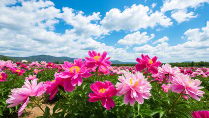 pink flowers against blue sky