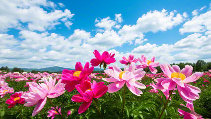 pink flowers against blue sky