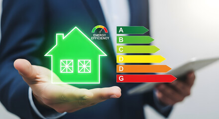 Businessman holding glowing green house icon with energy efficiency ratings A to G, showcasing eco-friendly home concept and sustainable living solutions.