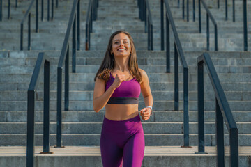 Fitness, health and city woman running on street with motivation, healthy mindset and summer...
