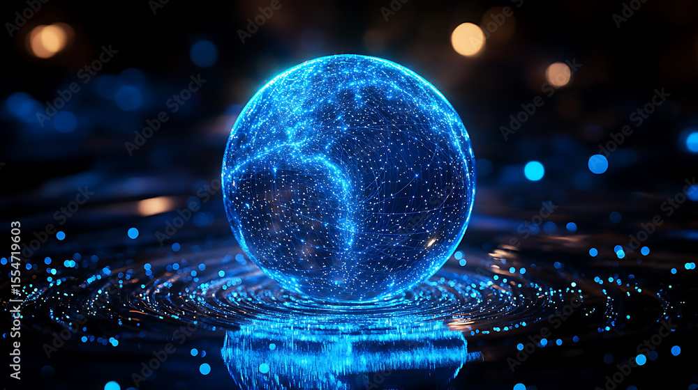 Poster glowing blue sphere of connected nodes depicting global network and data transfer