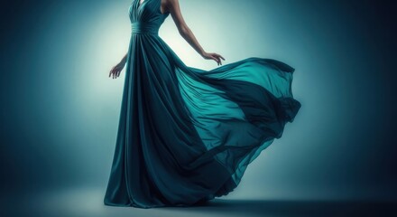 Elegant woman in a flowing teal gown dramatic lighting fashion photography