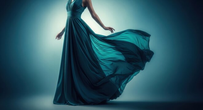 Elegant woman in a flowing teal gown dramatic lighting fashion photography