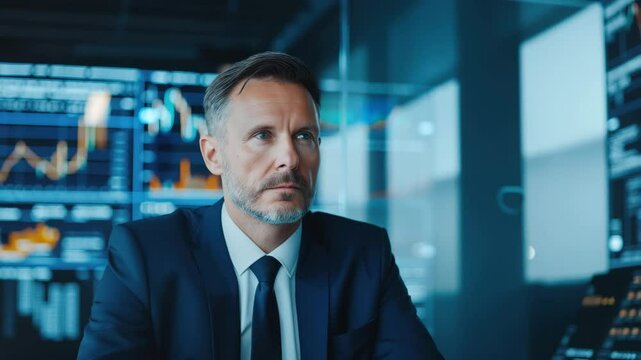 Businessman suit office finance technology screen chart data serious professional modern workplace digital analysis confident executive male focused on financial graphs and data in corporate workspace