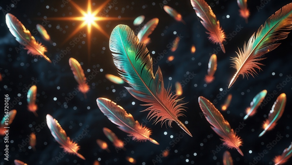 Poster vibrant colorful feathers floating in a dark starry sky with glowing light and ethereal atmosphere