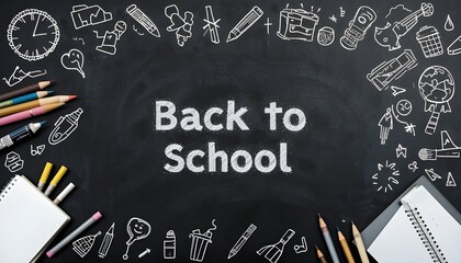 Back to School Blackboard Background &ndash; White School Supplies Doodles on Dark Chalkboard