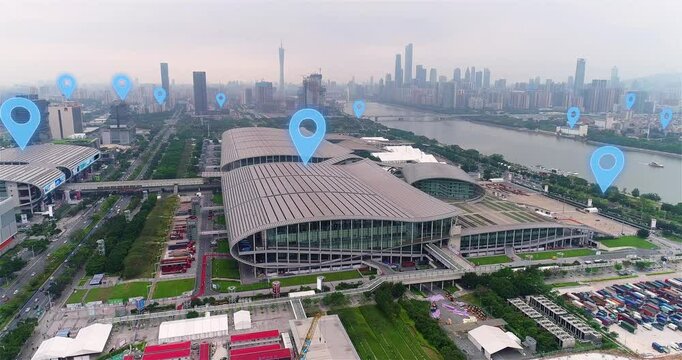 Guangzhou smart city. Map markers over the city in Guangzhou. Delivery markers over the metropolis. Futuristic City or Smart City Concept. Concept of a modern Chinese city from above. 
