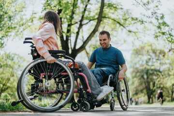Obraz premium A happy moment as two friends in wheelchairs communicate and enjoy each other's company amidst a serene and lush outdoor park setting.