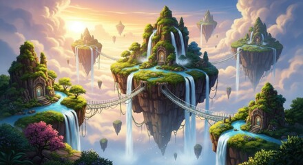 Enchanting Sky Islands With Cascading Waterfalls and Lush Greenery