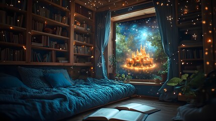 An open storybook on a child's bedroom floor projects a glowing, magical castle and a starry cosmic sky onto the wall
