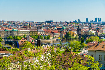 A view from the castle gardens along the Vltava river towards the Charles bridge in central Prague in springtime