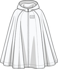 Hooded cape, poncho, raincoat, cloak, jacket, fashion, design, outerwear, vector, sketch, drawing, detailed, zippered, apparel, trendy, garment, cad, coat, flat, cad drawing flat vector illustration
