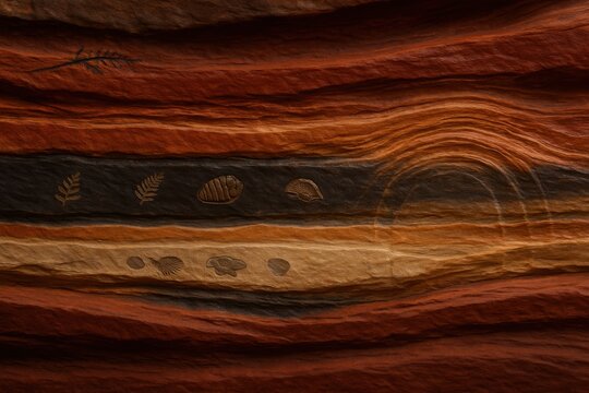 Canyon wall cross-section shows colorful sediment layers, fossil imprints of leaves and shells, dark mineral bands, and subtle moisture rings in red rock strata.


