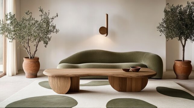 Modern living room with a unique coffee table and sofa.