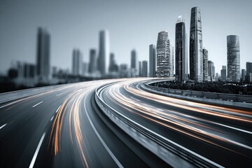 A highway with a city skyline in the background with motion blur effect