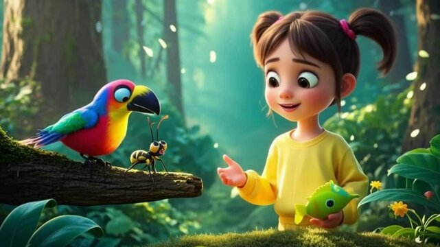 Couple of colorful parrots on a swing with a girl in tropical nature setting with vibrant feathers and lovebird charm 4K video 