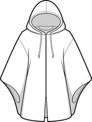 Hooded, poncho, zip, outerwear, fashion, apparel, unisex, rainwear, clothing, sketch, design, flat, vector, illustration, stylish, casual, modern, cad, garment, cad drawing flat vector illustration