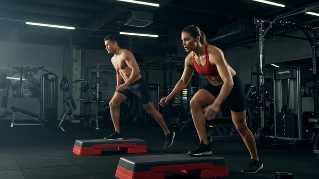  Step Aerobics Workout: Athletic Man & Woman Training on Step Platforms in Gym | Fitness, Exercise, Cardio, Strength