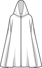 Long, hooded, cloak, poncho, cape, fashion, garment, outerwear, unisex, raincoat, apparel, cad, sketch, drawing, illustration, zipper, detailed, vector, style, cad drawing flat vector illustration
