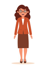 Confident and cute businesswoman in professional outfit standing with friendly expression and glasses. Cartoon character in flat style isolated on white background.