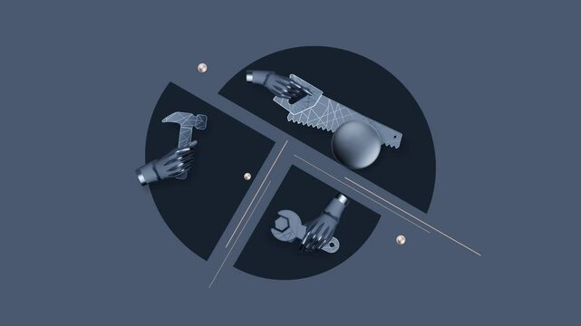 Hands holding construction tools - a hammer, saw and wrench - symbolise innovation in manual labour, technological advancement in craftsmanship and the intersection with modern engineering design.