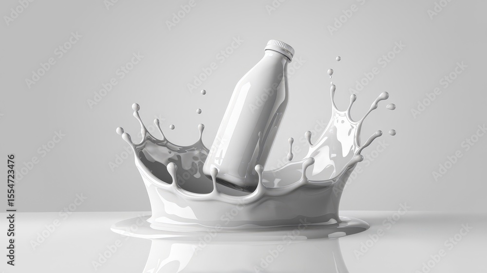 Aufkleber white bottle splashing into milk with dynamic liquid motion on a reflective surface, isolated on a l