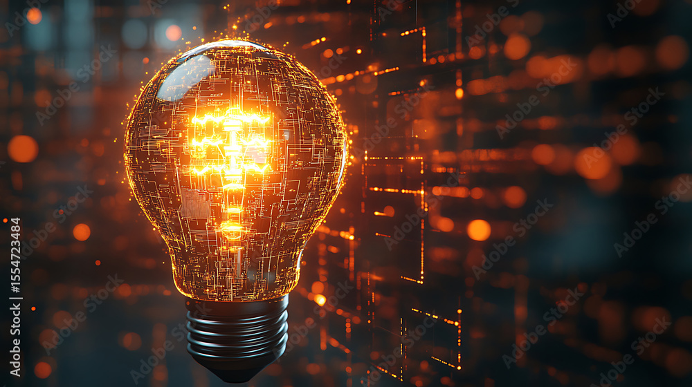 Poster glowing digital light bulb representing innovation and technology with complex circuit board design 