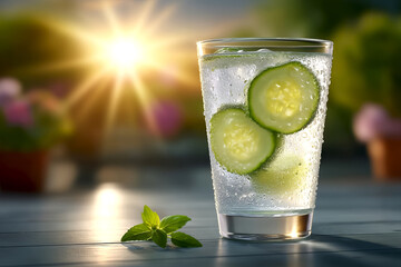 Refreshing cucumber drink served in a clear glass, sunny outdoor setting at golden hour. Clear glass filled with cucumber slices floats in sparkling water illuminated by warm light of the setting sun.