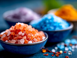 Colorful bowls of various flavored salts arranged on a dark surface with blurred backgrounds in a culinary setting on a dark surface, showcasing their bright colors amidst a blurred culinary backdrop