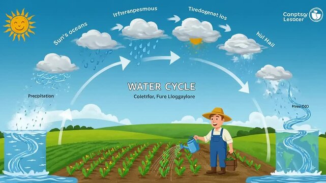 Illustrated guide to the water cycle showing sun, precipitation, and a farmer watering crops