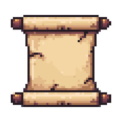 Pixel Art Old Scroll or Parchment,Fantasy Map,Quest Item. detailed pixel art illustration of an antique, rolled-up scroll or parchment, with a slightly tattered edge, rendered in a classic retro video