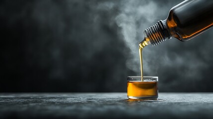 Golden liquid pours from bottle into small glass container, steam rising