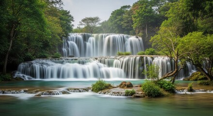 Fototapeta premium Beautiful Cascading Waterfall in a Lush Tropical Rainforest