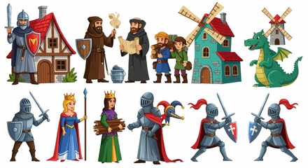 Obraz premium Medieval Characters and Structures: Knights, Monks, Houses, and a Dragon