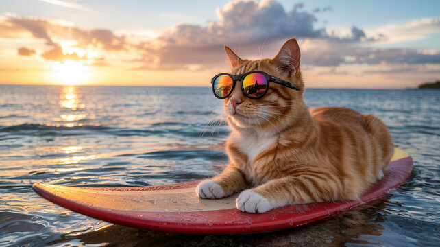 Orange tabby cat wearing sunglasses relaxing on a surfboard during sunset over the ocean